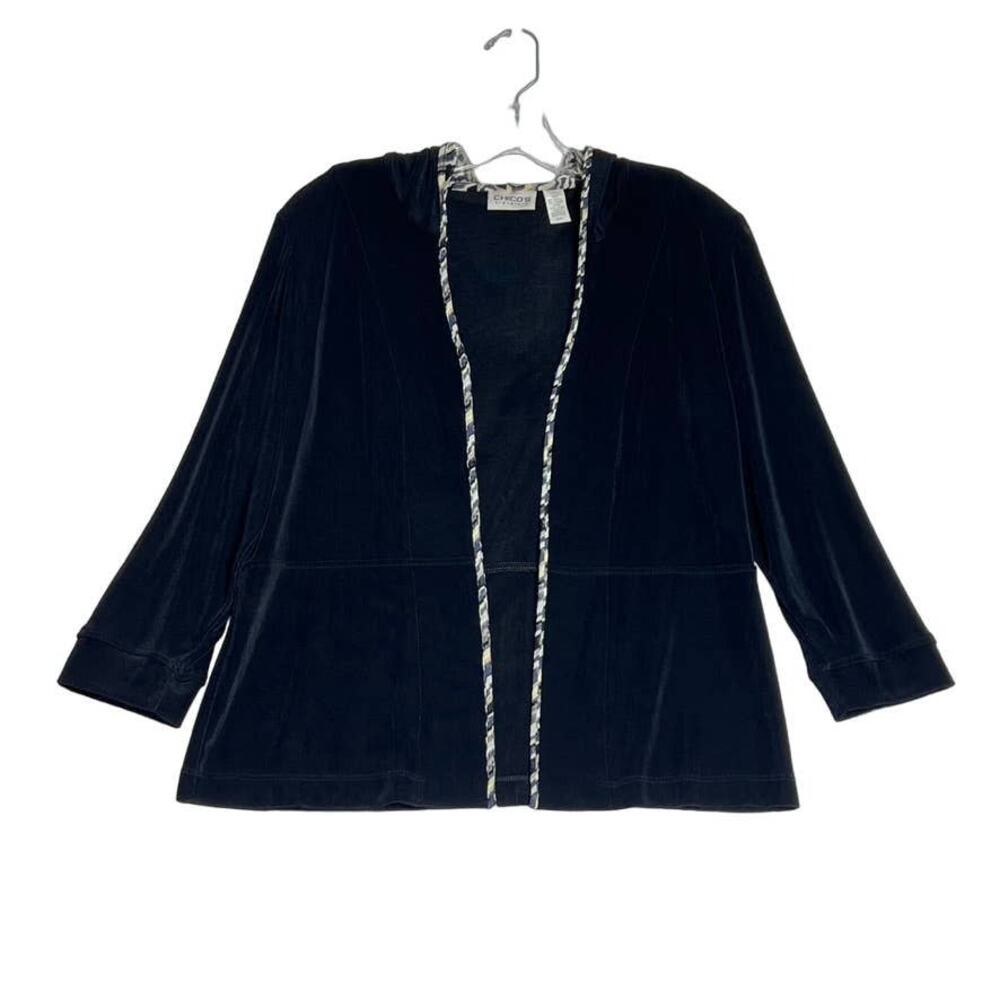 Chicos Travelers Long Sleeve Open Front Hoodie Cardigan Black Womens 1 Medium